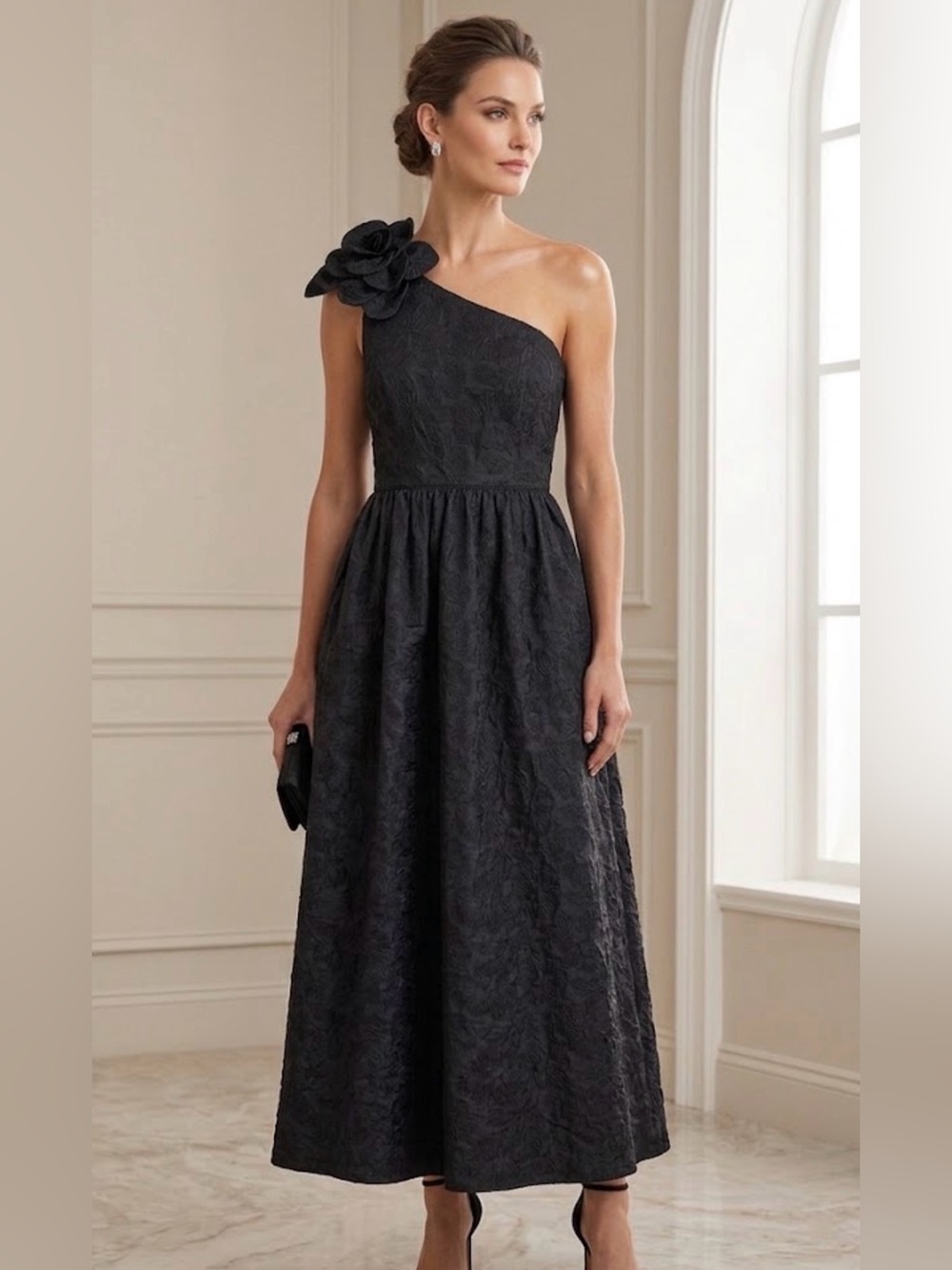 Lilly Pulitzer One-Shoulder Black Midi Dress with Floral Appliqué